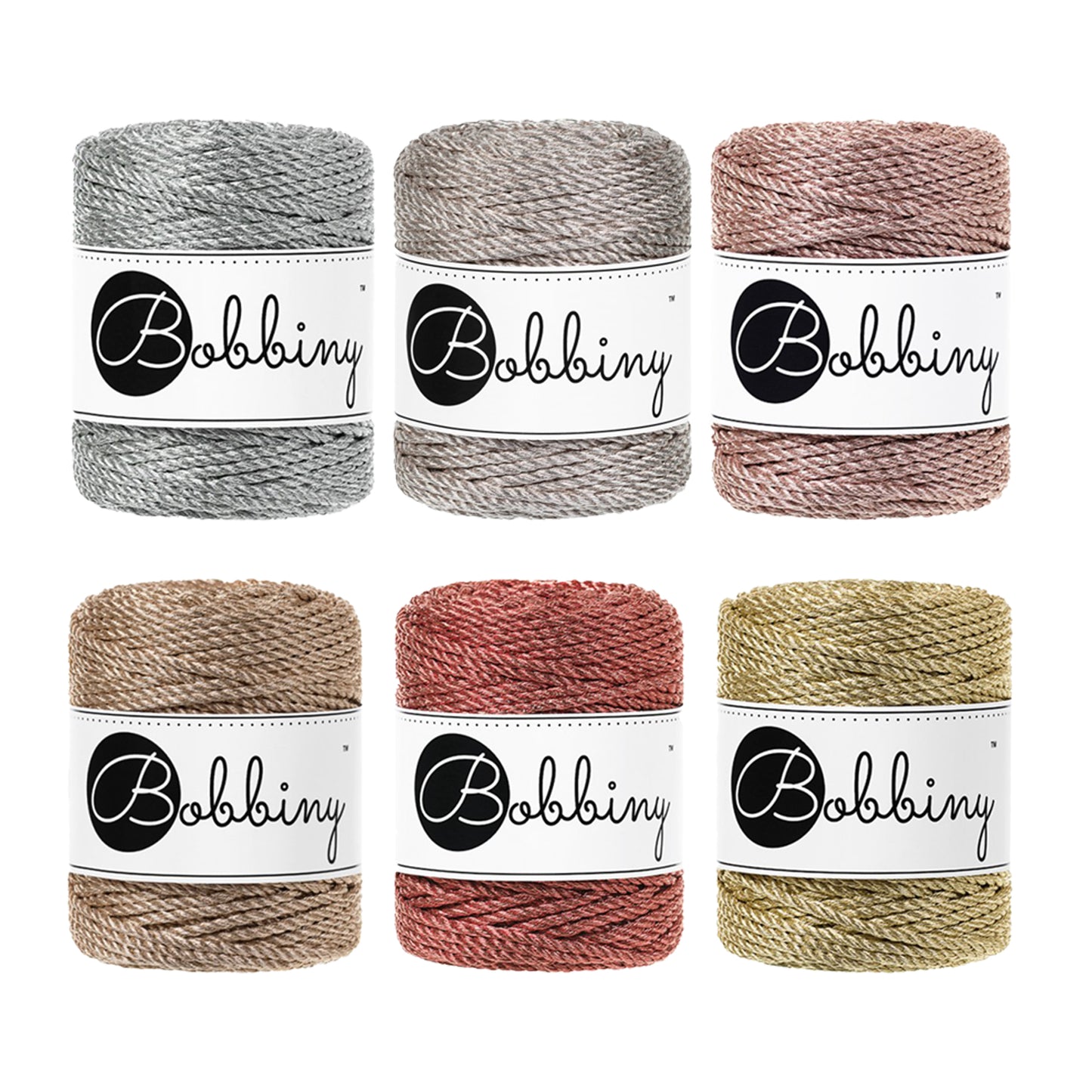 Copper, Silver, Rose Gold, Platinum & Champagne Metallic 3mm 3PLY, Bobbiny Macramé Cord