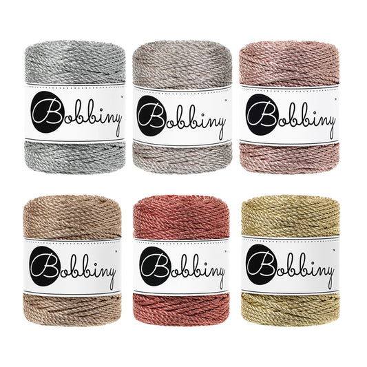 Copper, Silver, Rose Gold, Platinum & Champagne Metallic 3mm 3PLY, Bobbiny Macramé Cord